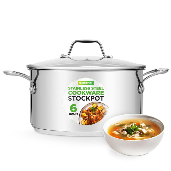nutrichef 6-Quart Stockpot Even Heat Stainless Steel See-Through Lid