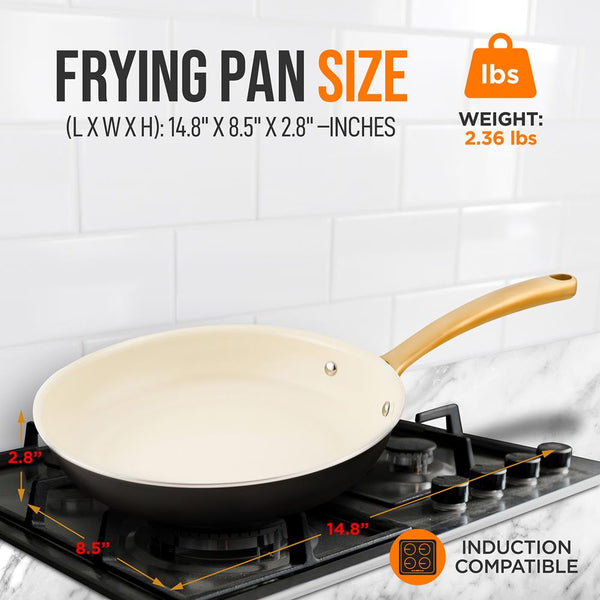 Nutrichef 8" Non-Stick Frying Pan Even Heat Ceramic Coating Golden Titanium Handle
