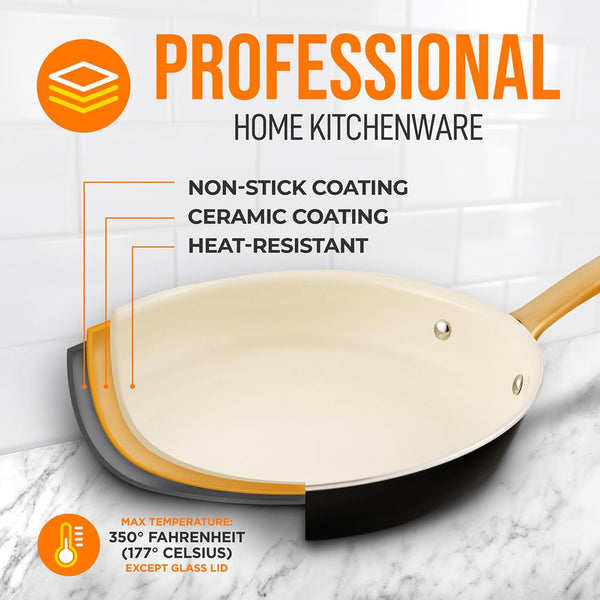 Nutrichef 8" Non-Stick Frying Pan Even Heat Ceramic Coating Golden Titanium Handle