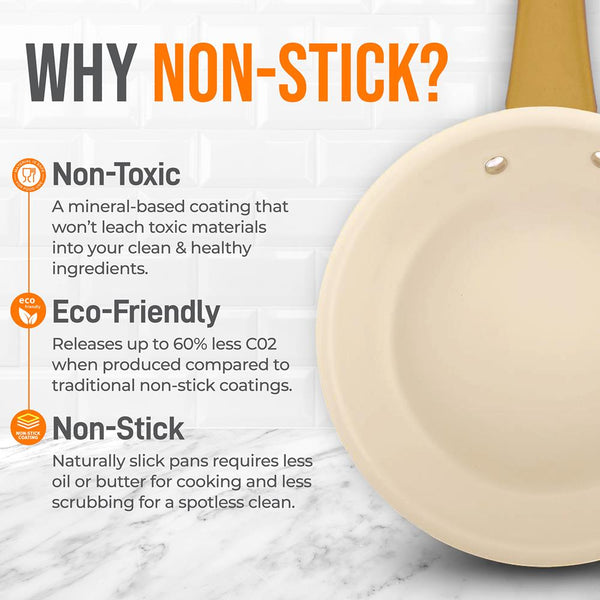 Nutrichef 8" Non-Stick Frying Pan Even Heat Ceramic Coating Golden Titanium Handle