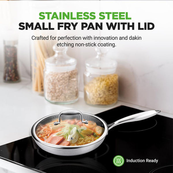 Nutrichef 8" Non-Stick Frying Pan Scratch-Resistant Stainless Steel W/Glass Lid