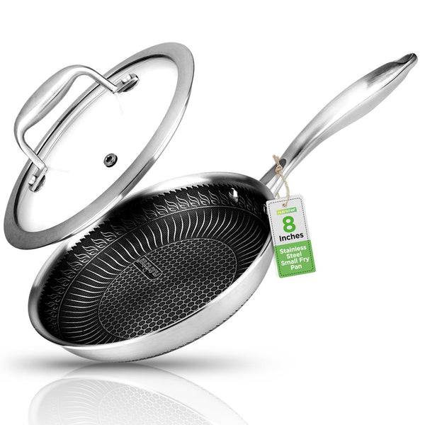 nutrichef 8" Non-Stick Frying Pan Scratch-Resistant Stainless Steel w/Glass Lid