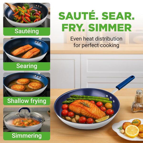 Nutrichef 8" Nonstick Fry Pan With Lid Ceramic Coating Blue Silicone Handle