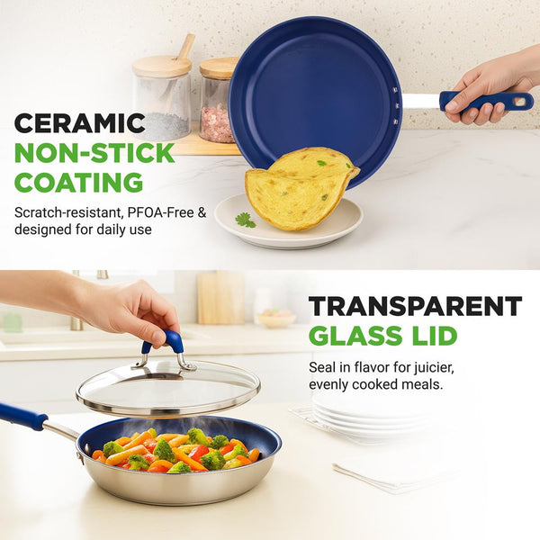 Nutrichef 8" Nonstick Fry Pan With Lid Ceramic Coating Blue Silicone Handle
