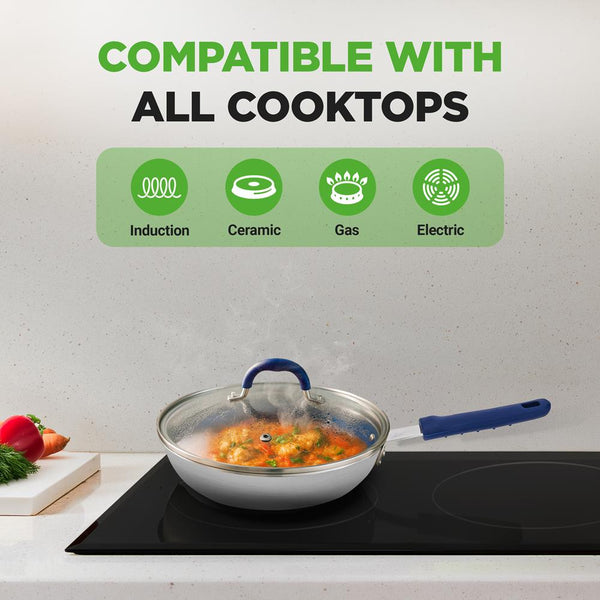 Nutrichef 8" Nonstick Fry Pan With Lid Ceramic Coating Blue Silicone Handle