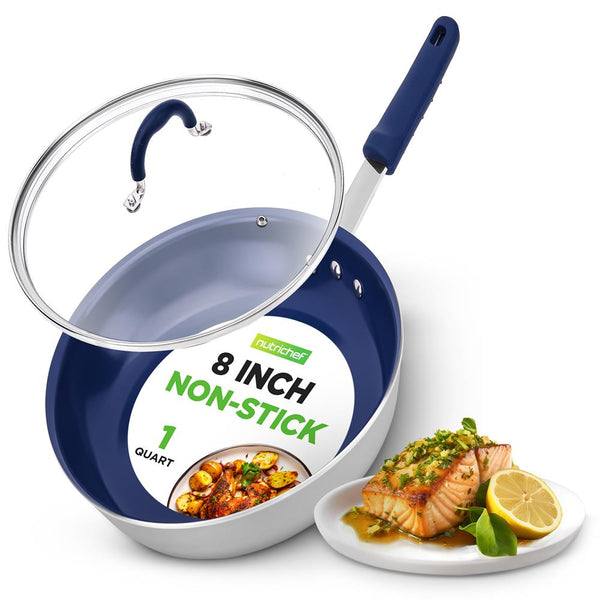 nutrichef 8" Nonstick Fry Pan with Lid Ceramic Coating Blue Silicone Handle