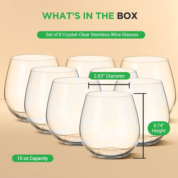 Nutrichef 8 Pcs. Of Crystal-Clear Stemless Wine Glasses - Ultra Clear And Thin Elegant Clear Wine Glasses Hand Blown