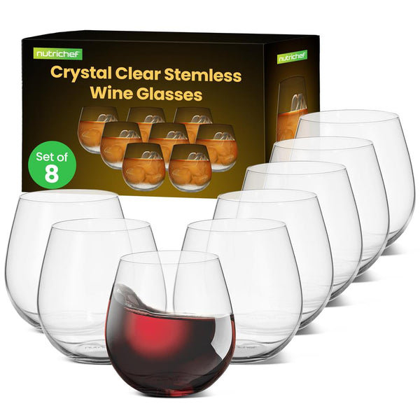 nutrichef 8 Pcs. Of Crystal-Clear Stemless Wine Glasses - Ultra Clear And Thin Elegant Clear Wine Glasses Hand Blown