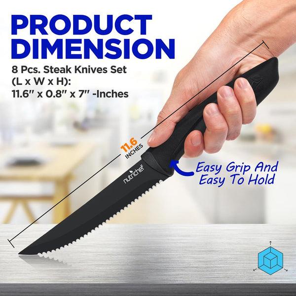 Nutrichef 8 Pcs. Steak Knives Set - Non-Stick Coating Knives Set With Stainless Steel Blades Unbreakable Knives Great For Bbq Grill (Black)