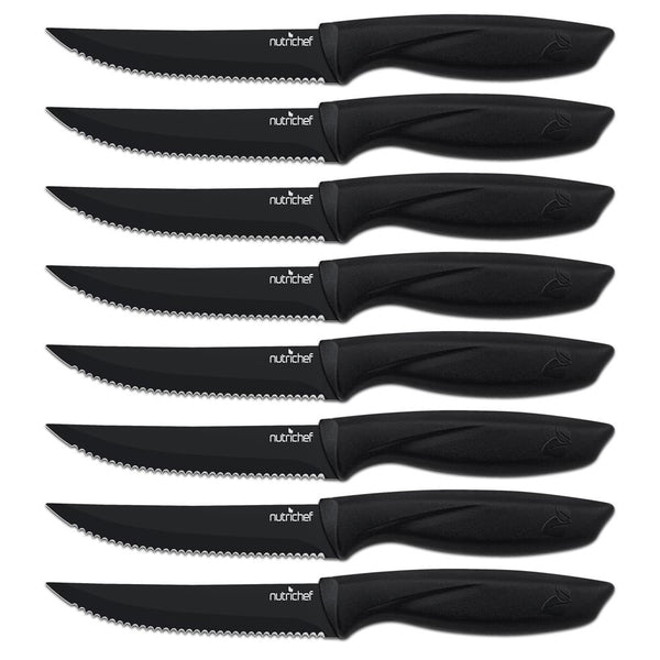 nutrichef 8 Pcs. Steak Knives Set - Non-Stick Coating Knives Set With Stainless Steel Blades Unbreakable Knives Great For Bbq Grill (Black)