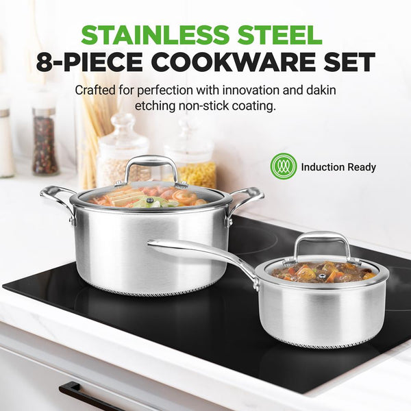 Nutrichef 8-Piece Cookware Set Quick Heat Triply Stainless Steel Non-Stick
