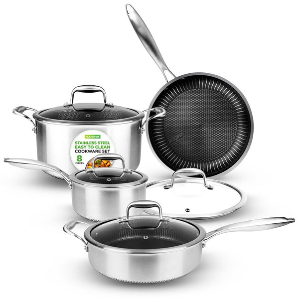 nutrichef 8-Piece Cookware Set Quick Heat Triply Stainless Steel Non-Stick