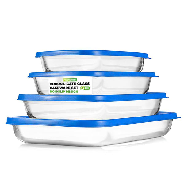 nutrichef 8-Piece Glass Bakeware Set Stackable Borosilicate Blue Lids