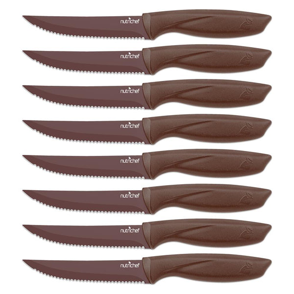 nutrichef 8-Piece Kitchen Knife Set - Long-Lasting Sharpness Non-stick Brown