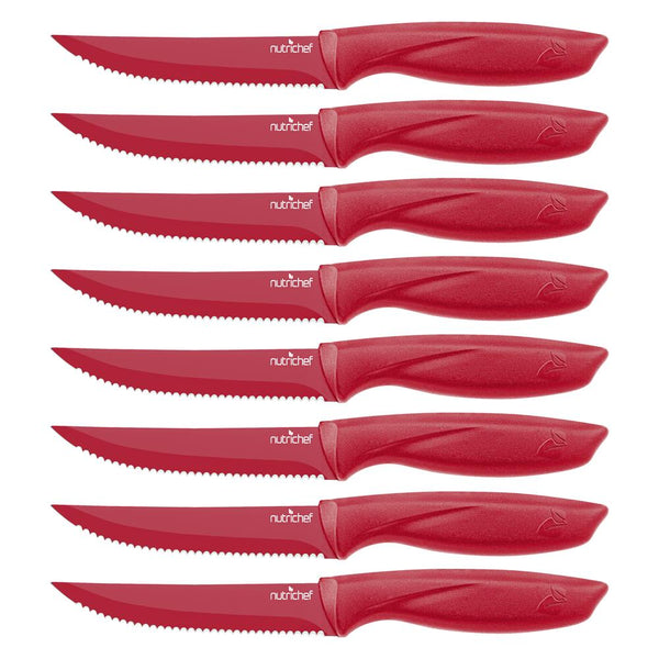 nutrichef 8-Piece Kitchen Knife Set Unbreakable Stainless Steel Red