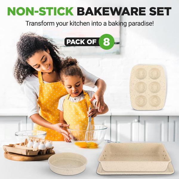 Nutrichef 8-Piece Non-Stick Bakeware Set Stackable Carbon Steel Marble Cream