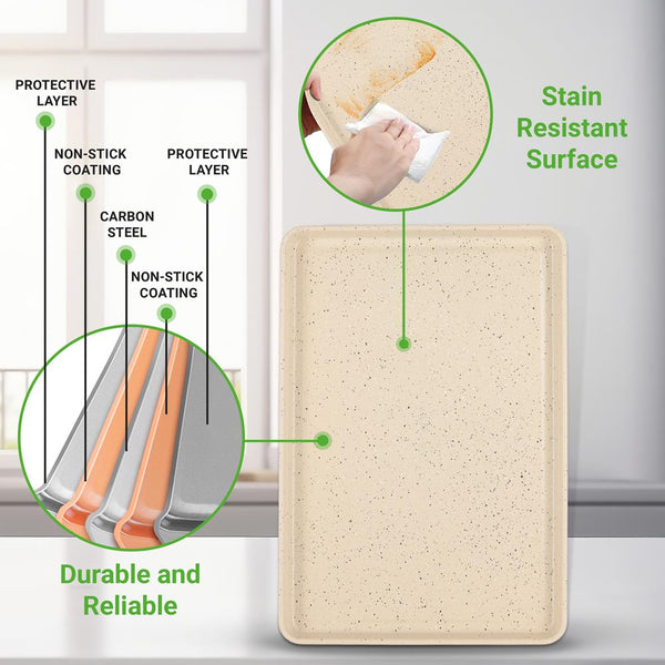 Nutrichef 8-Piece Non-Stick Bakeware Set Stackable Carbon Steel Marble Cream