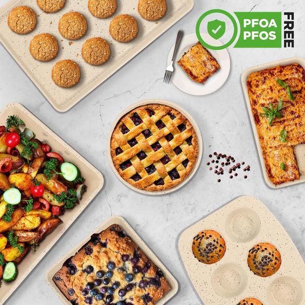 Nutrichef 8-Piece Non-Stick Bakeware Set Stackable Carbon Steel Marble Cream