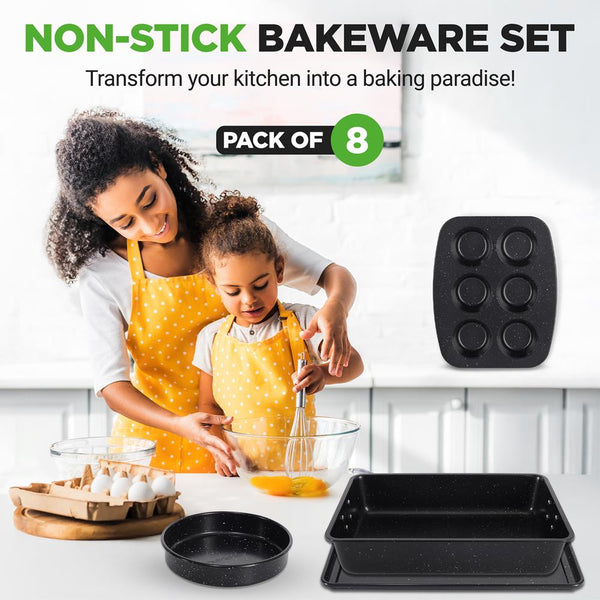 Nutrichef 8-Piece Non-Stick Bakeware Set Stackable Carbon Steel Black Marble