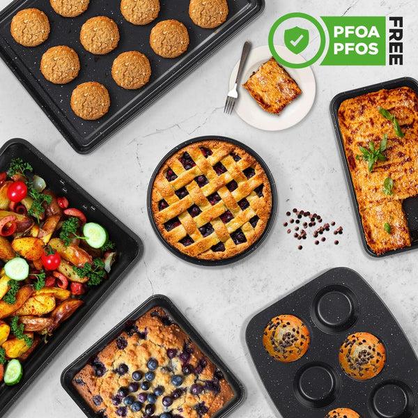 Nutrichef 8-Piece Non-Stick Bakeware Set Stackable Carbon Steel Black Marble