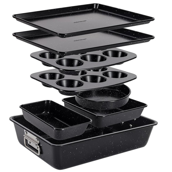 nutrichef 8-Piece Non-Stick Bakeware Set Stackable Carbon Steel Black Marble