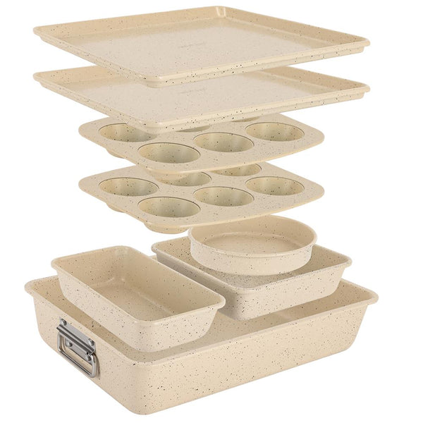 nutrichef 8-Piece Non-Stick Bakeware Set Stackable Carbon Steel Marble Cream
