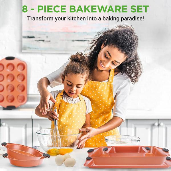 Nutrichef 8-Piece Nonstick Bakeware Set Carbon Steel Copper Finish