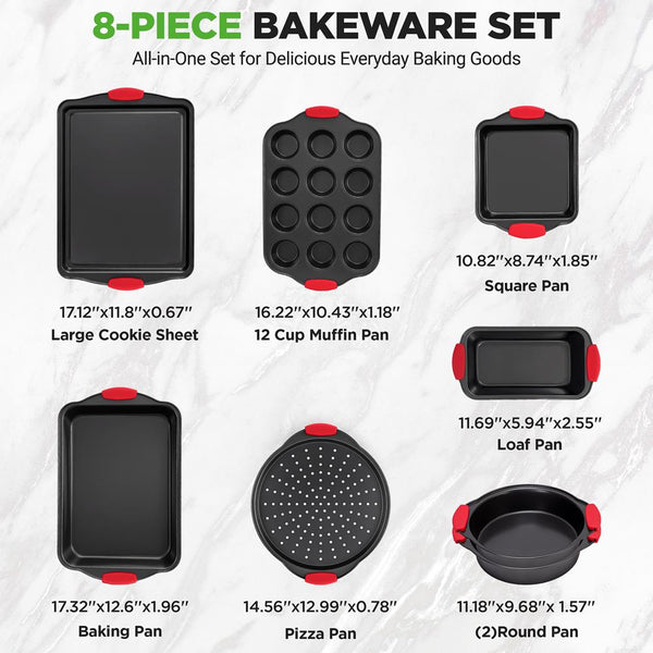 Nutrichef 8-Piece Nonstick Bakeware Set Carbon Steel Red Silicone Handles