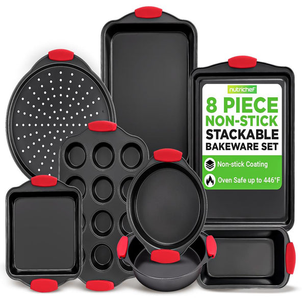 nutrichef 8-Piece Nonstick Bakeware Set Carbon Steel Red Silicone Handles
