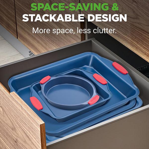 Nutrichef 8-Piece Nonstick Bakeware Set Carbon Steel Silicone Handles Blue