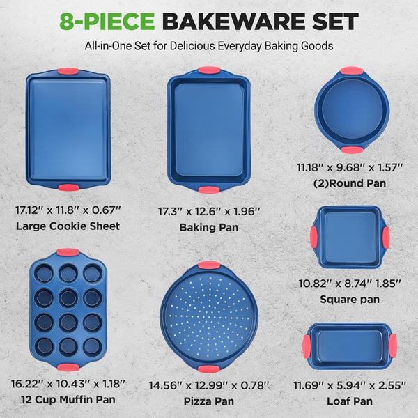 Nutrichef 8-Piece Nonstick Bakeware Set Carbon Steel Silicone Handles Blue
