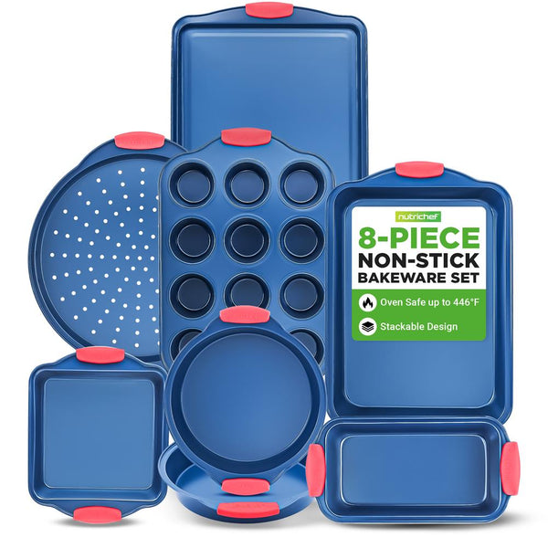 nutrichef 8-Piece Nonstick Bakeware Set Carbon Steel Silicone Handles Blue