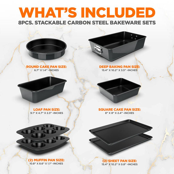 Nutrichef 8-Piece Nonstick Bakeware Set - Easy Clean Carbon Steel Stackable