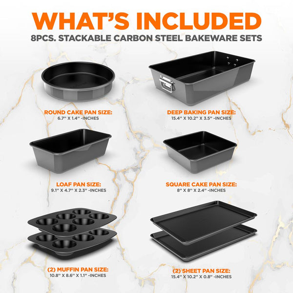 Nutrichef 8-Piece Nonstick Bakeware Set - Space-Saving Carbon Steel Gray