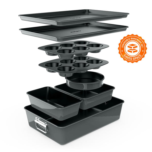 nutrichef 8-Piece Nonstick Bakeware Set - Space-Saving Carbon Steel Gray