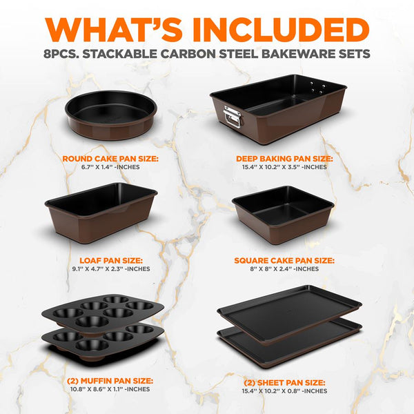 Nutrichef 8-Piece Nonstick Bakeware Set - Space-Saving Carbon Steel Brown