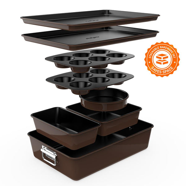 nutrichef 8-Piece Nonstick Bakeware Set - Space-Saving Carbon Steel Brown