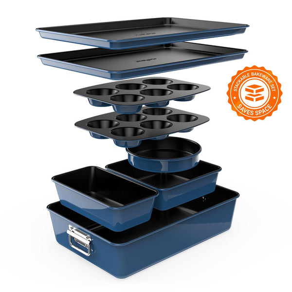 nutrichef 8-Piece Nonstick Bakeware Set - Space-Saving Carbon Steel Blue