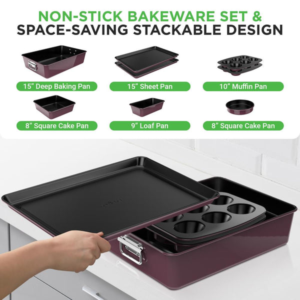 Nutrichef 8-Piece Nonstick Bakeware Set - Space-Saving Stackable Design Purple