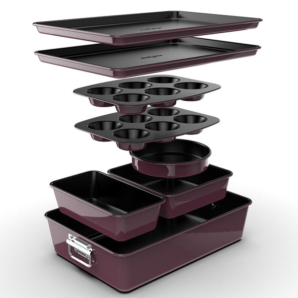 nutrichef 8-Piece Nonstick Bakeware Set - Space-Saving Stackable Design Purple