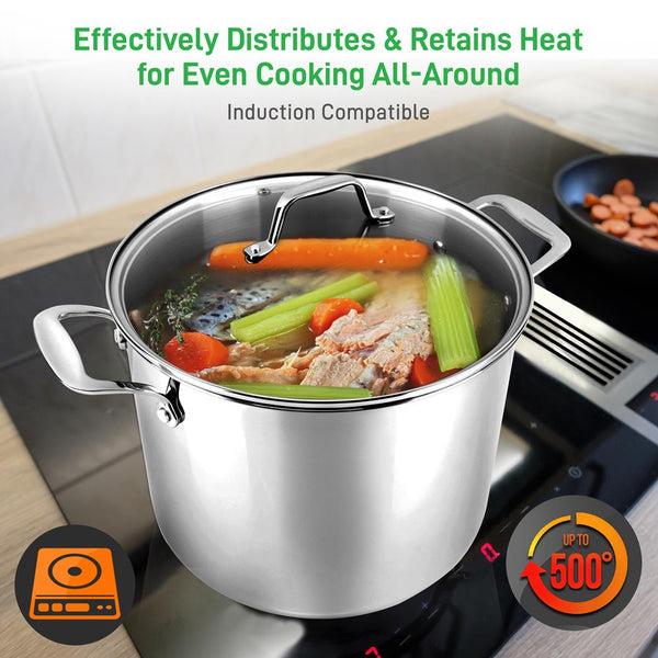 Nutrichef 8-Quart Stock Pot Even Heat Stainless Steel See-Through Lid