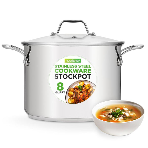 nutrichef 8-Quart Stock Pot Even Heat Stainless Steel See-Through Lid