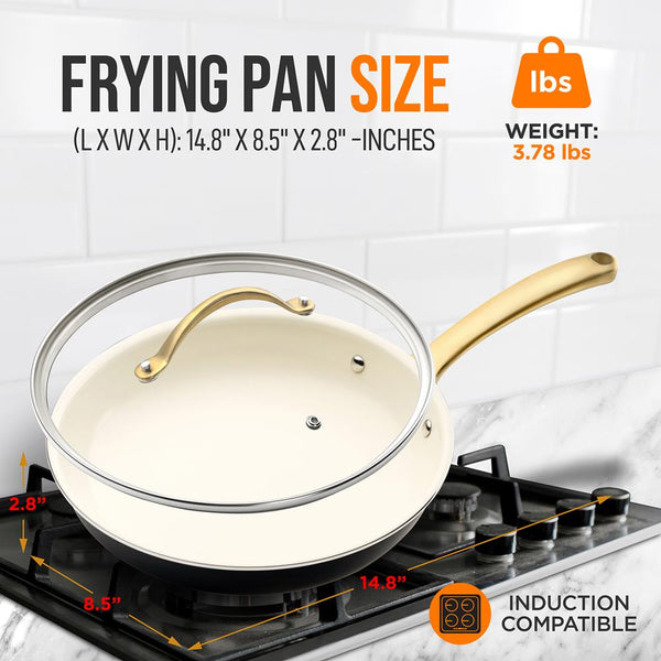 Nutrichef 8'' Small Fry Pan With Lid - Non-Stick Pan With Silicone Handle Interior Non-Stick Ceramic Coating And Polyester Coating Outside