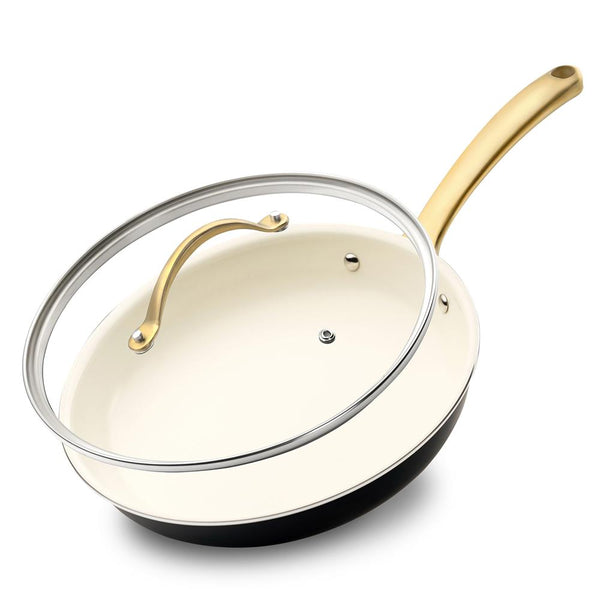 nutrichef 8'' Small Fry Pan With Lid - Non-Stick Pan With Silicone Handle Interior Non-Stick Ceramic Coating And Polyester Coating Outside