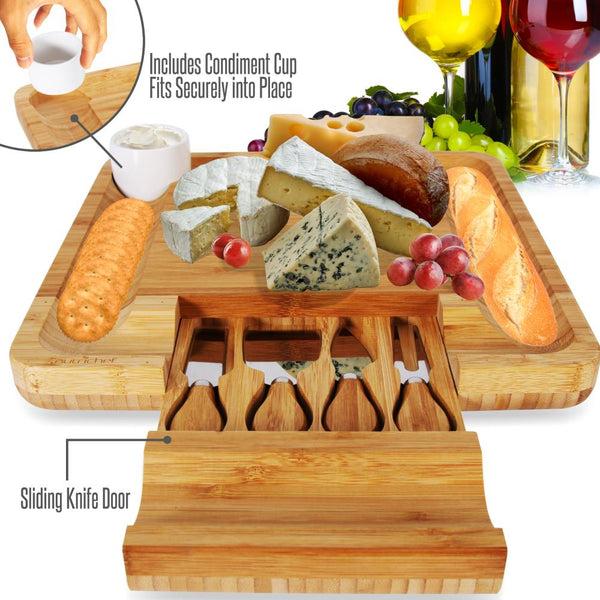 Nutrichef Bamboo Cheese Cutting Board Set - Flat Wood Serving Platter For Picnic Food Or Wine - Rectangle Fruit And Meat Plate Kit W/ Bowl Closing Drawer Tray 4 Stainless Steel Knives - Nutrichef Pkczbd10