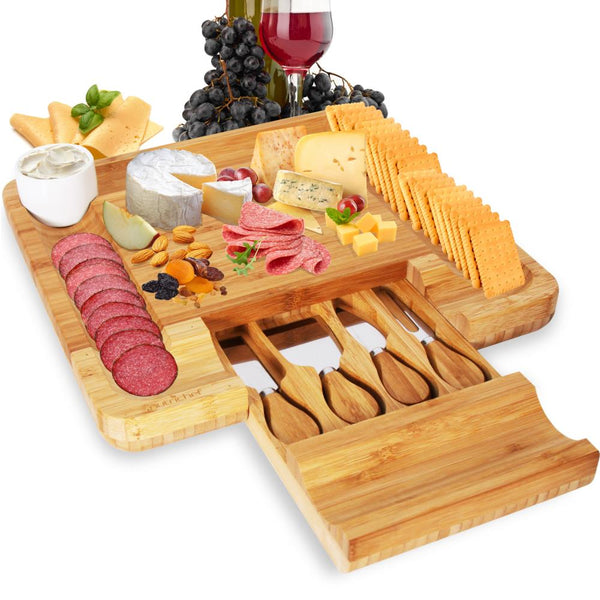 nutrichef Bamboo Cheese Cutting Board Set - Flat Wood Serving Platter For Picnic Food Or Wine - Rectangle Fruit And Meat Plate Kit W/ Bowl Closing Drawer Tray 4 Stainless Steel Knives - Nutrichef Pkczbd10