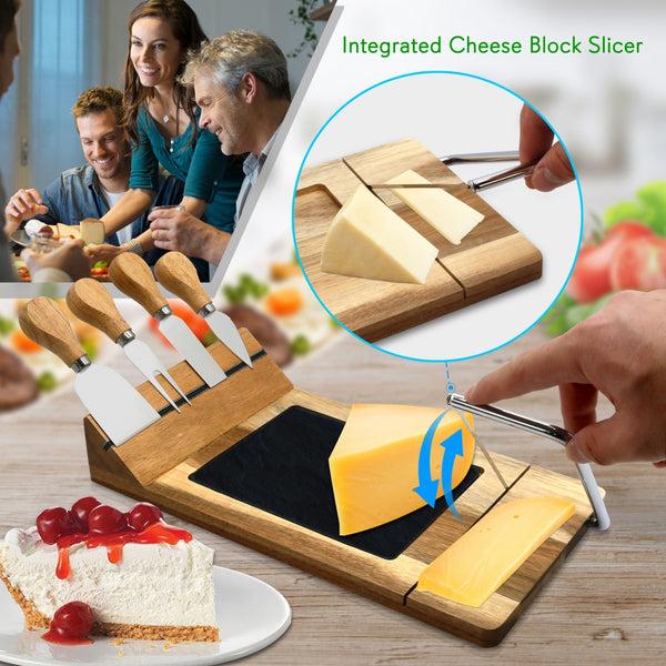 Nutrichef Bamboo Food Serving & Food Slicer Platter - Cheese Board Presentation Set With Built-In Slicing Blade Slate Stone Slab