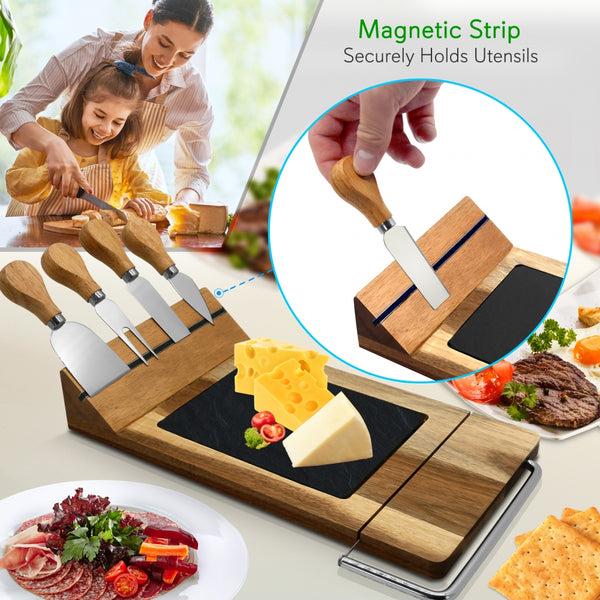 Nutrichef Bamboo Food Serving & Food Slicer Platter - Cheese Board Presentation Set With Built-In Slicing Blade Slate Stone Slab