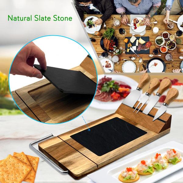 Nutrichef Bamboo Food Serving & Food Slicer Platter - Cheese Board Presentation Set With Built-In Slicing Blade Slate Stone Slab