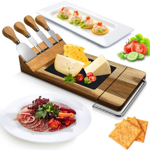 nutrichef Bamboo Food Serving & Food Slicer Platter - Cheese Board Presentation Set With Built-In Slicing Blade Slate Stone Slab